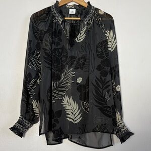 CAbi Black and Cream Leaf Print Blouse